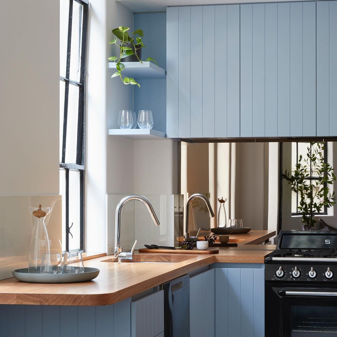 Modern baby blue kitchen cabinets