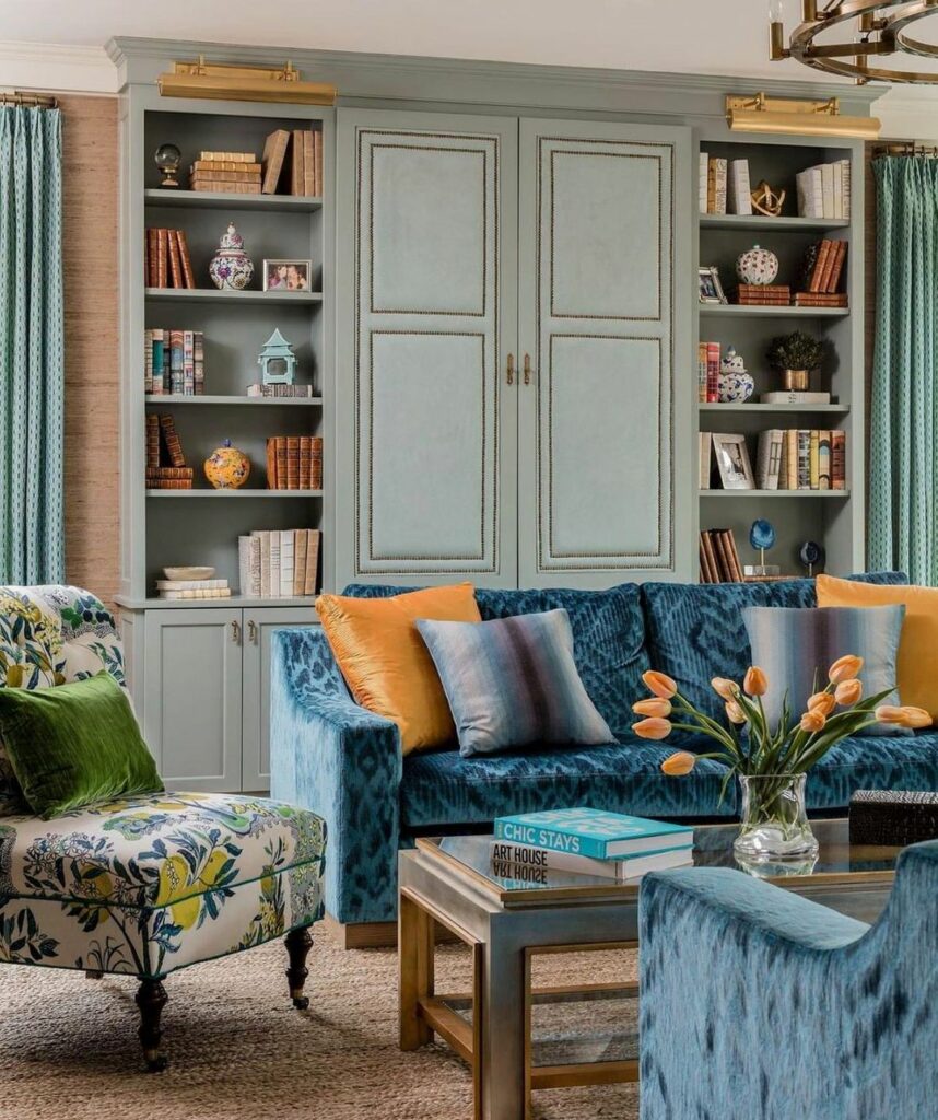 living room decor with blue sofa