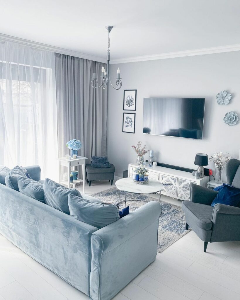 living room with navy blue sofa