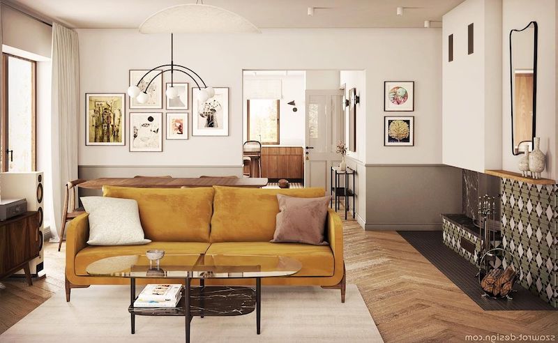 modern mid century yellow sofa living room