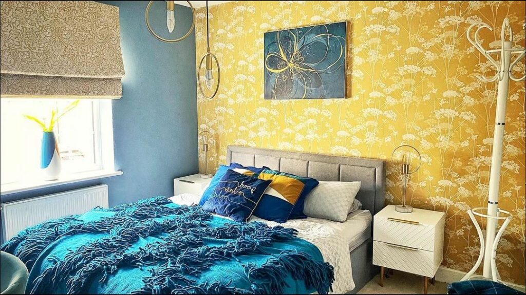 navy blue yellow and white bedroom ideas