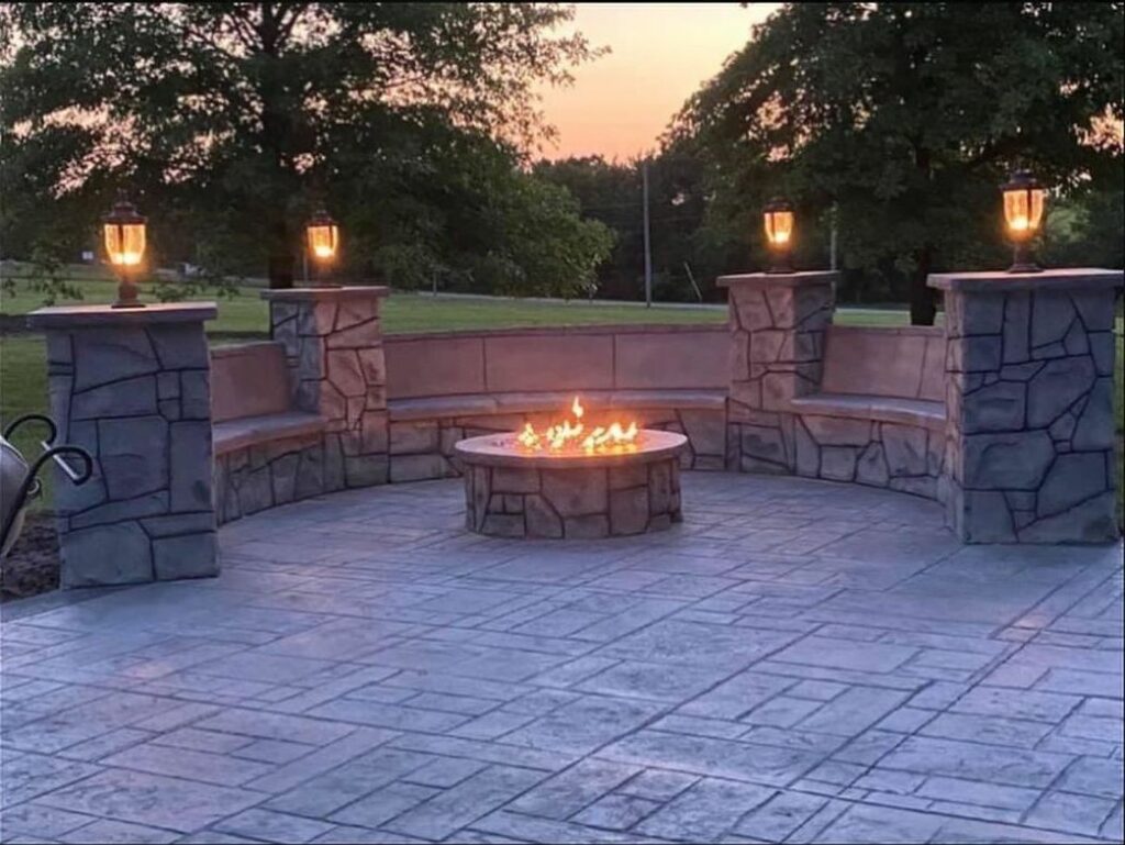concrete stamped patio ideas with fireplace