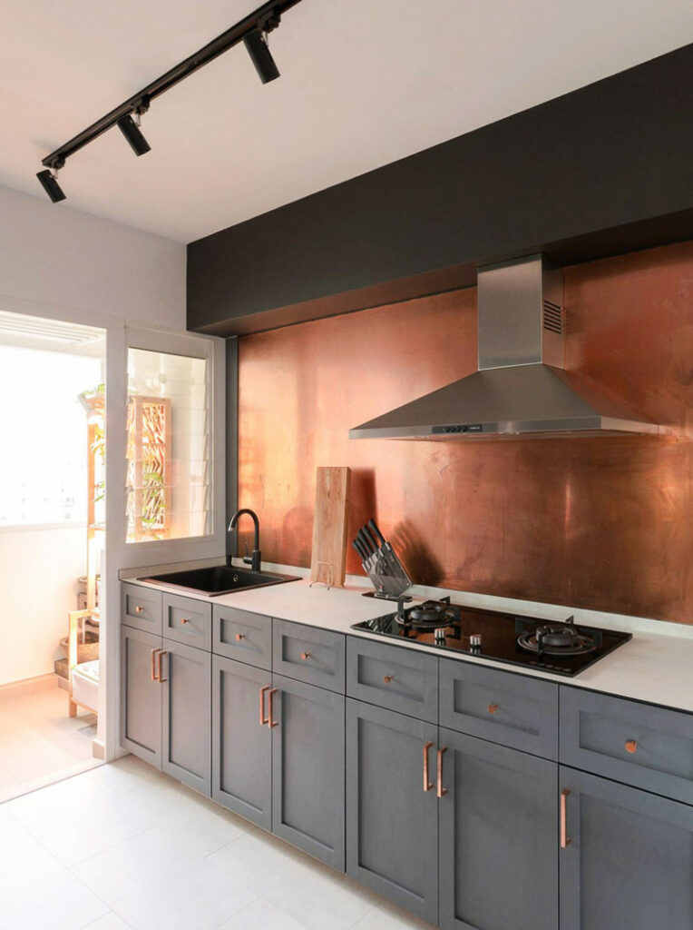 copper metal tile backsplash