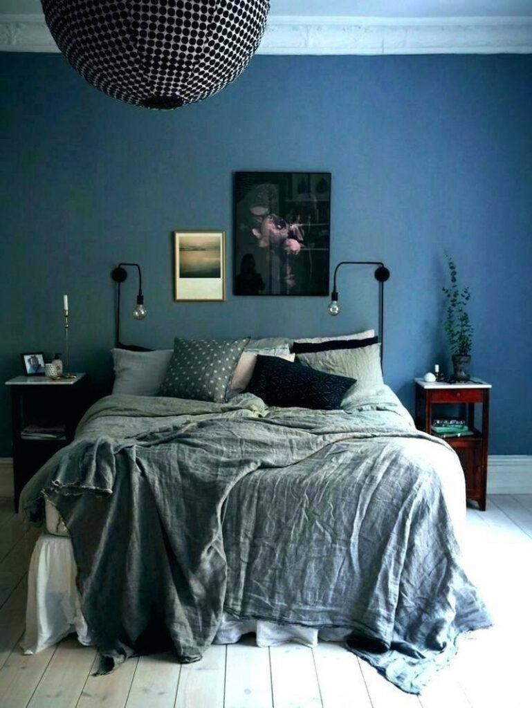 dark blue and grey bedroom