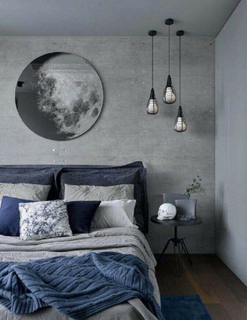 gray and blue bedroom