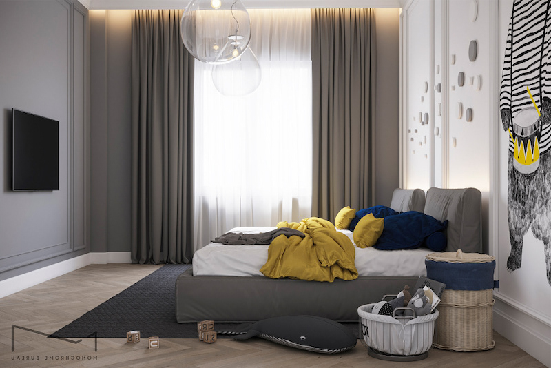 grey and white bedroom interiors