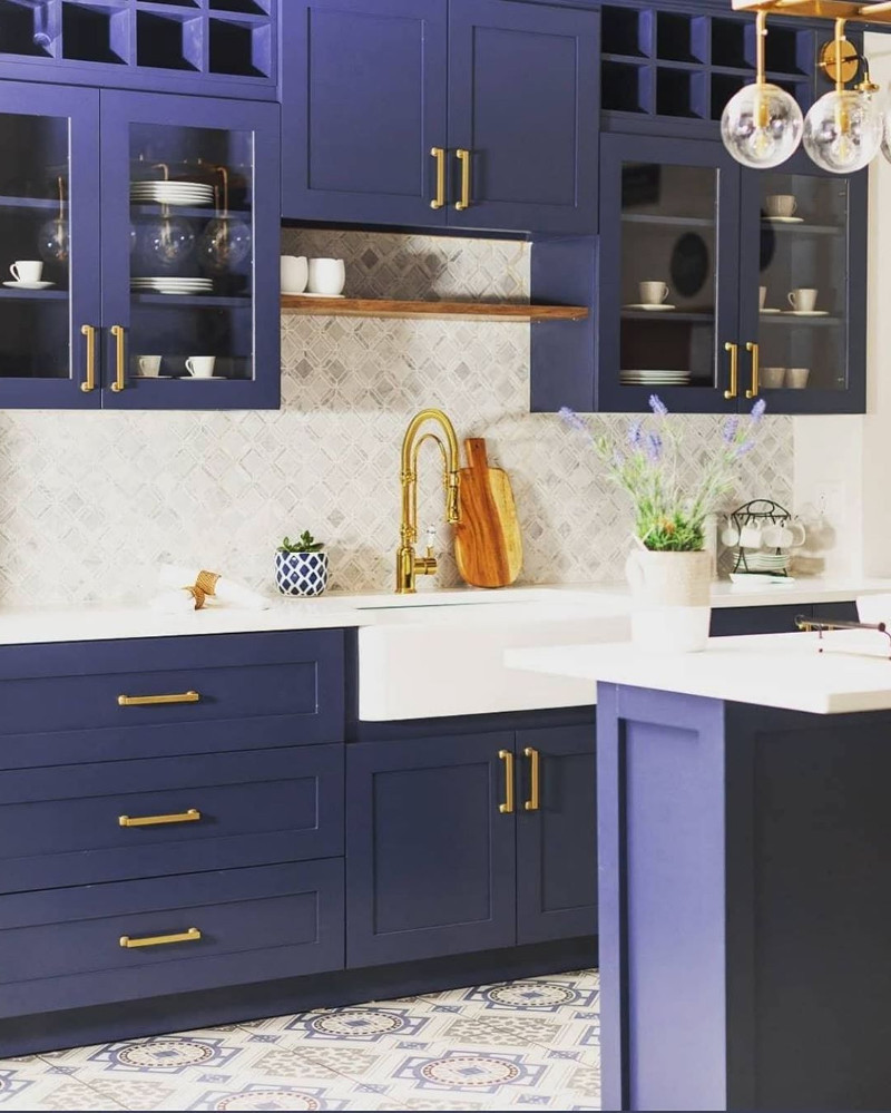 kitchen blue cabinets farmhouse