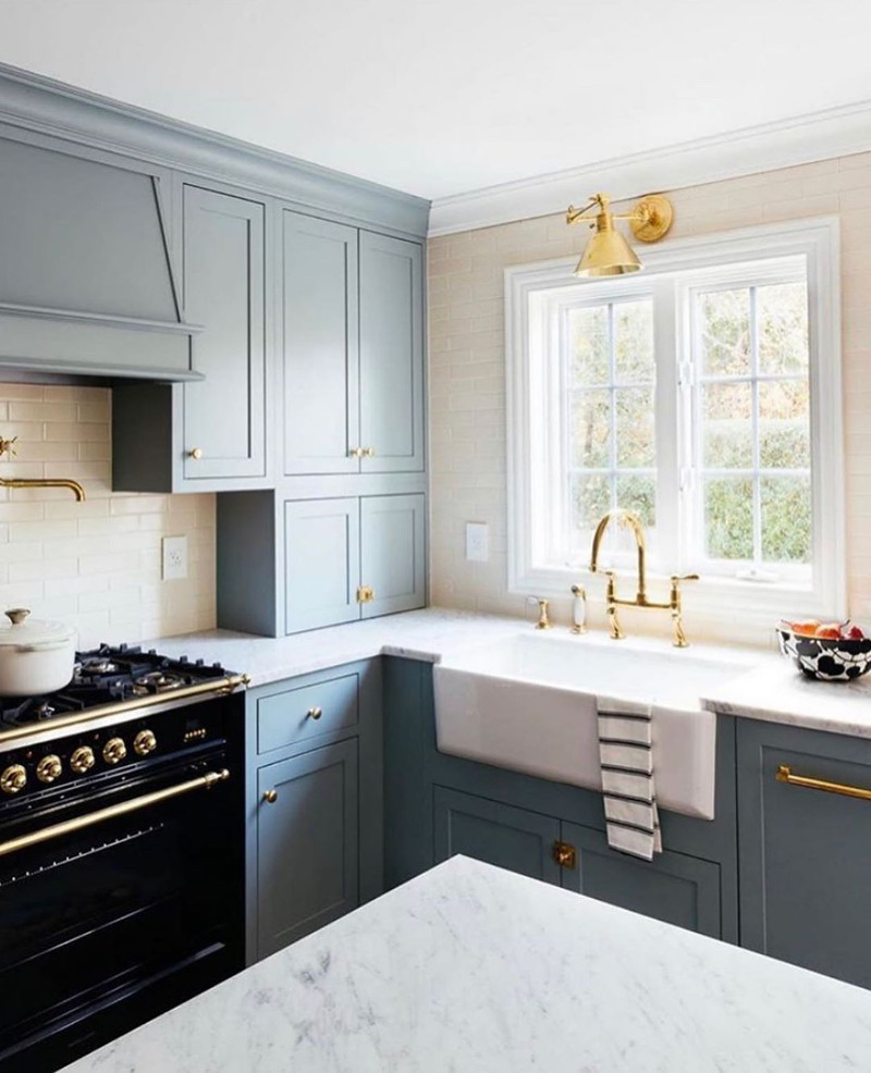 kitchen blue cabinets white counter