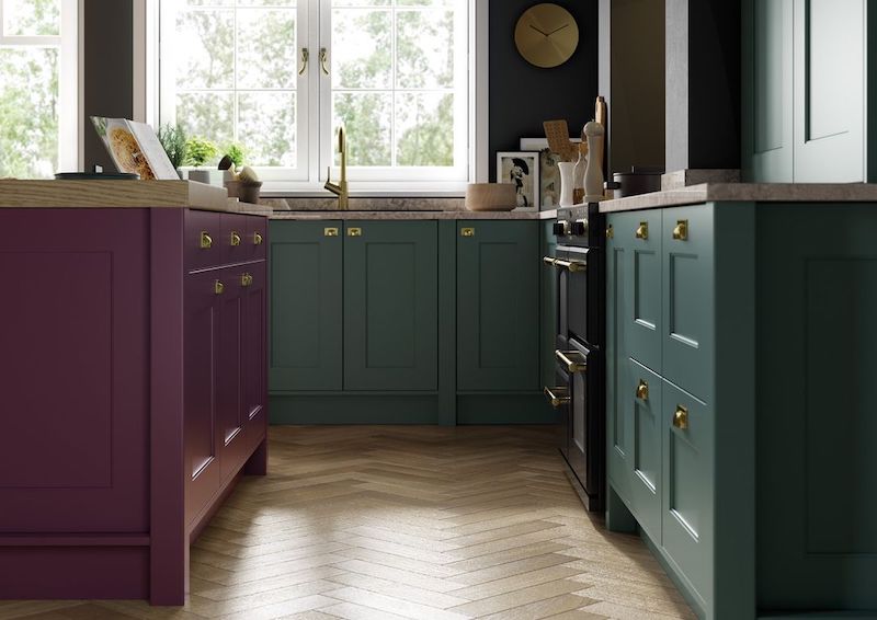 kitchen with purple island