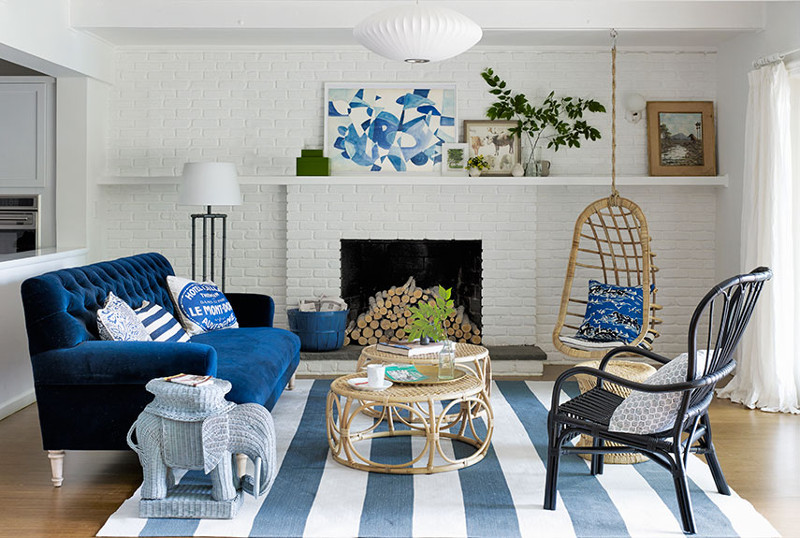 navy blue and tan living room