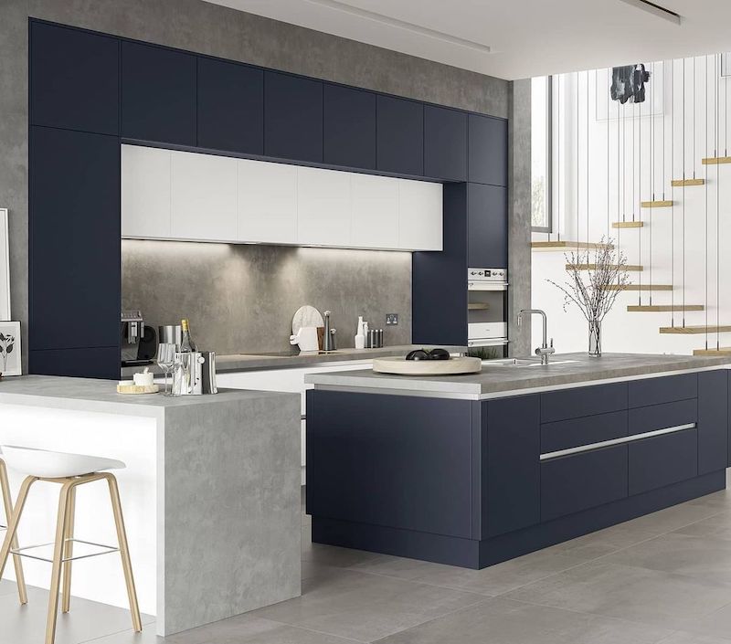 navy blue and white kitchen cupboards