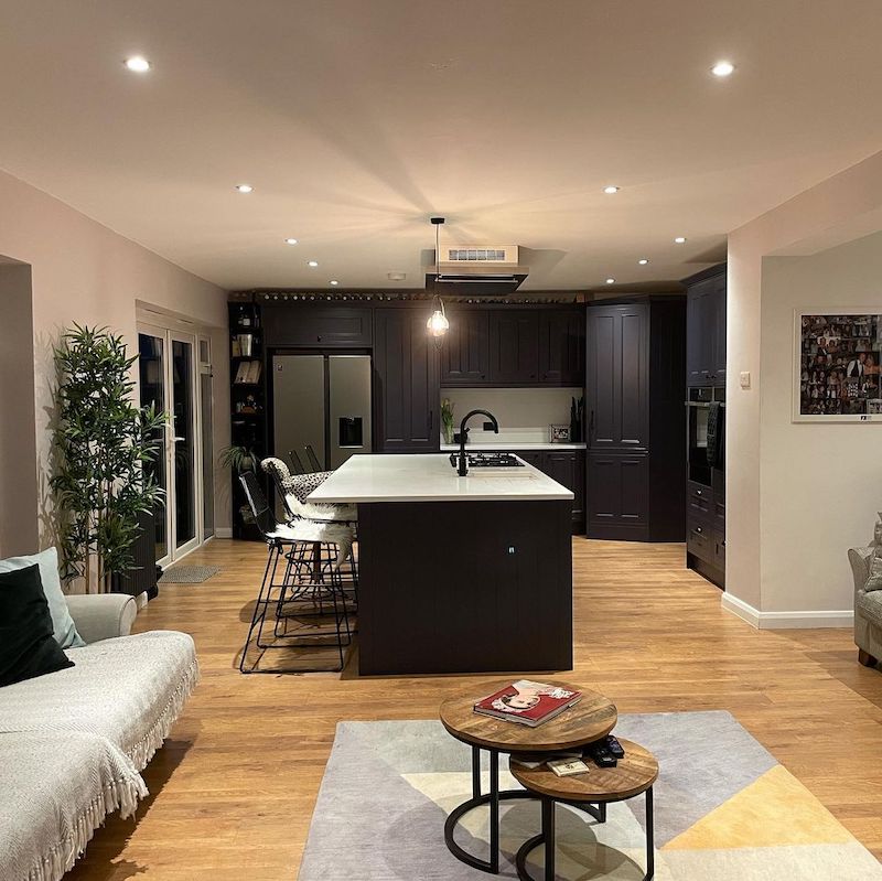 purple kitchen island white cabinets
