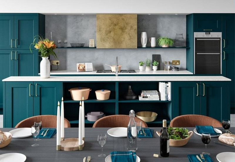 teal and white kitchen cupboards