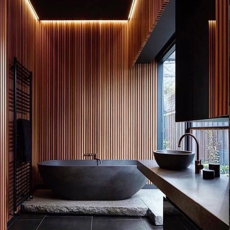wood slat wall bathroom